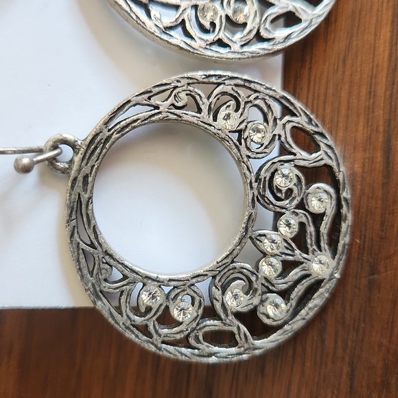 Silver Tone 1 1/4 inch Hoop Ornate Earrings with 12 Rhinestones. Quiet Elegance - Picture 2 of 6